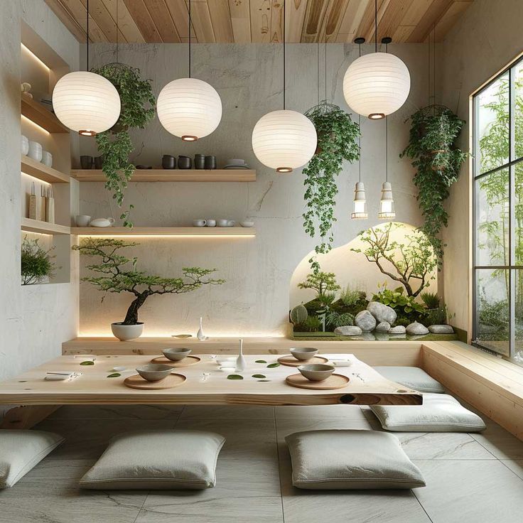 a dining room with some lights hanging from the ceiling and plants growing on the wall