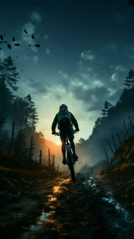 a man riding a bike down a dirt road at night with the sun behind him