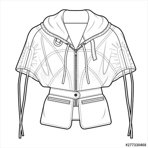 a jacket with zippers on the chest and hood, black and white outline drawing