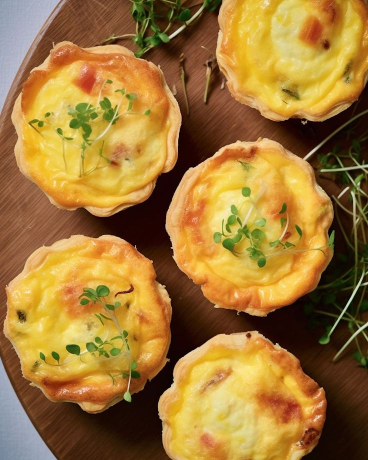 four mini quiche pies on a wooden platter with green sprigs