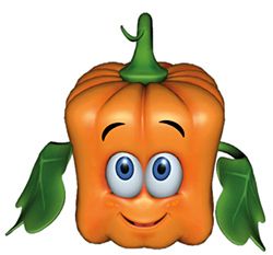 a cartoon orange bell pepper with eyes and green leaves on it's head, smiling