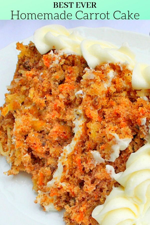 a piece of carrot cake on a plate with white frosting and the words best ever homemade carrot cake