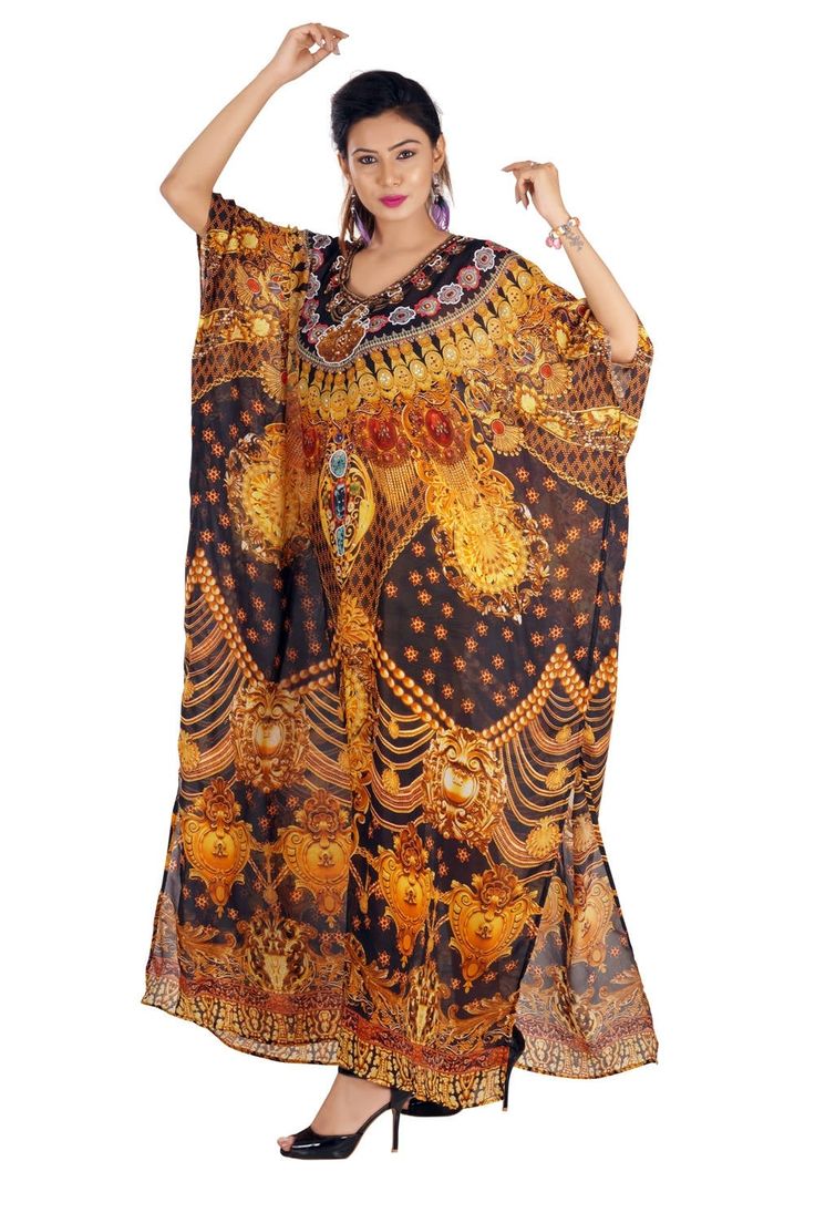 "Divine Baroque Scroll Print over Silk Kaftans kaftan dress in golden colour devotional style beach wear cover up one piece luxury kaftan Golden Baroque print over party wear silk kaftan that floats over your curves. It creates eye-catching effect and light enough to carry on parties and gatherings. Whether it is breezy or hot summer days, it works very well and effortless to carry. Jewelled with fine crystals of small size near neck mesmerizes the appearance of it. The print looks exotic and a V-neck Kaftan For Party And Festivals, Festive V-neck Printed Kaftan, Gold Bollywood Kaftan, Traditional Digital Print Tunic Kaftan, Bollywood Style Tunic Kaftan For Festivals, Festive Bohemian Kaftan With Digital Print, Summer Festive Digital Print Kaftan, Gold Maxi-length Kaftan For Festive Occasions, Gold Maxi Length Kaftan For Festive Occasions