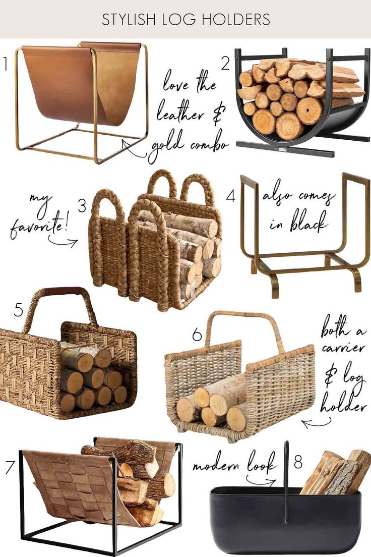 different types of wicker baskets with text overlay that says stylish log holders