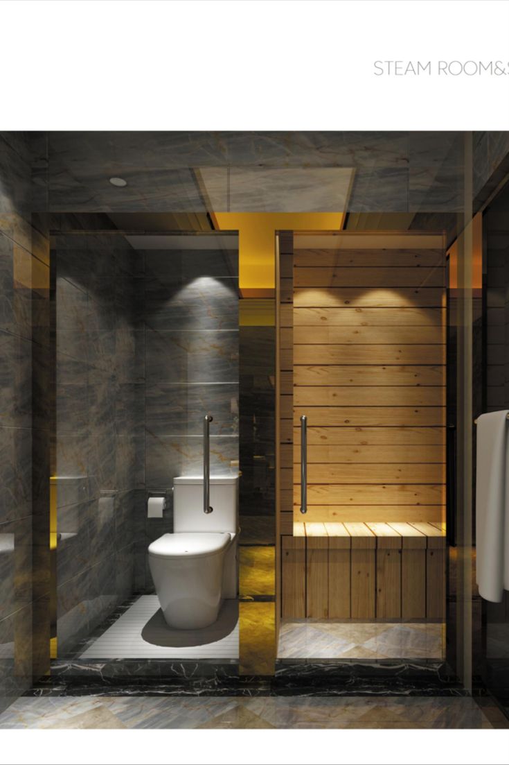 a bathroom with a steam sauna and toilet