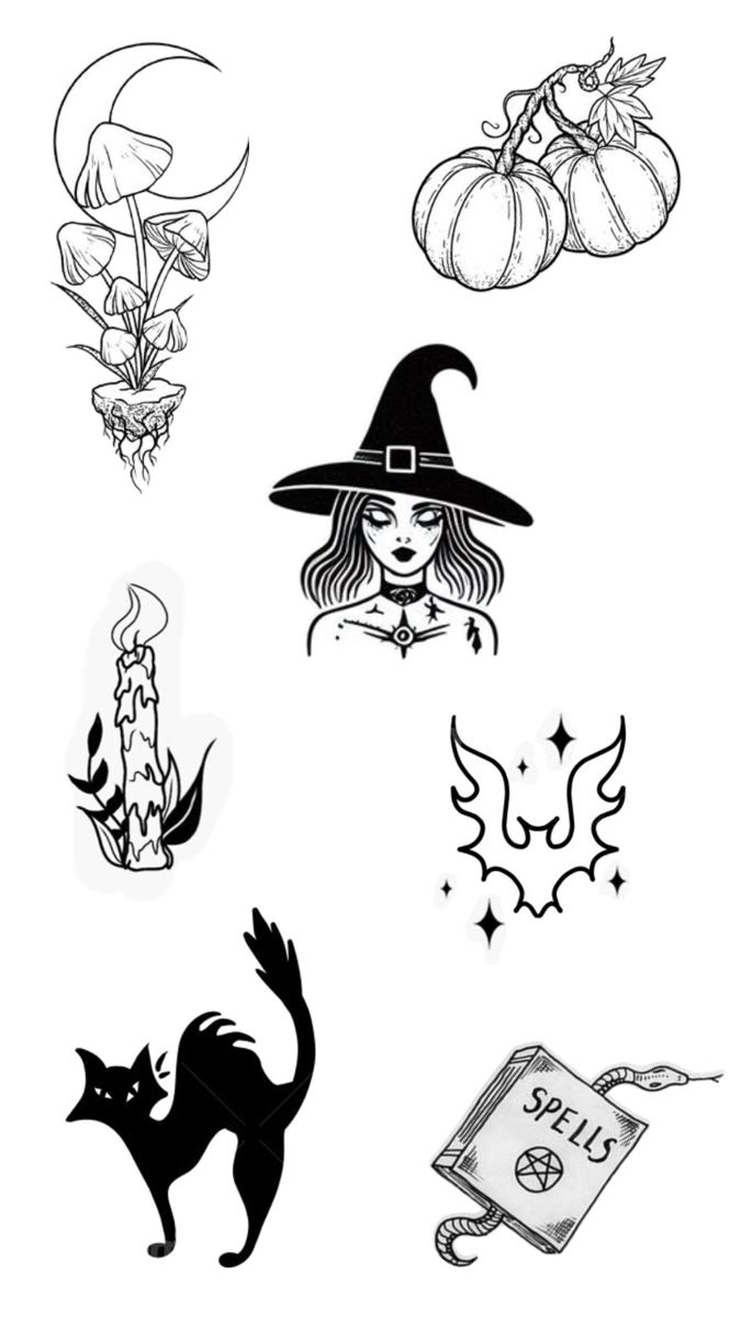 the witch's hat and other symbols are shown in black and white on a white background