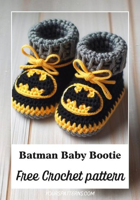 a pair of crocheted baby booties with the batman symbol on it and text overlay that reads, free crochet pattern