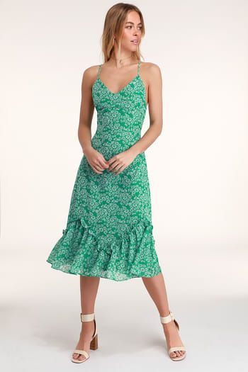 Cute Floral Dresses and Printed Party Attire | Latest Styles of Women's Floral-Print Dresses at Great Prices Green Formal Dresses, Green Floral Print, Midi Ruffle Dress, Freshly Picked, Ruched Midi Dress, Floral Print Midi Dress, Print Midi Dress, Green Midi Dress, Online Dress Shopping