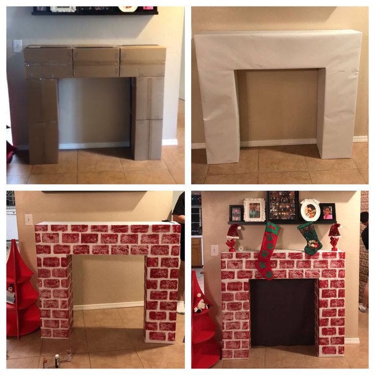 four different pictures of a fireplace made out of bricks and paper machs, with christmas decorations on the mantle