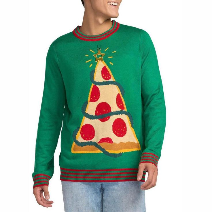 a man wearing a green sweater with a pizza on it