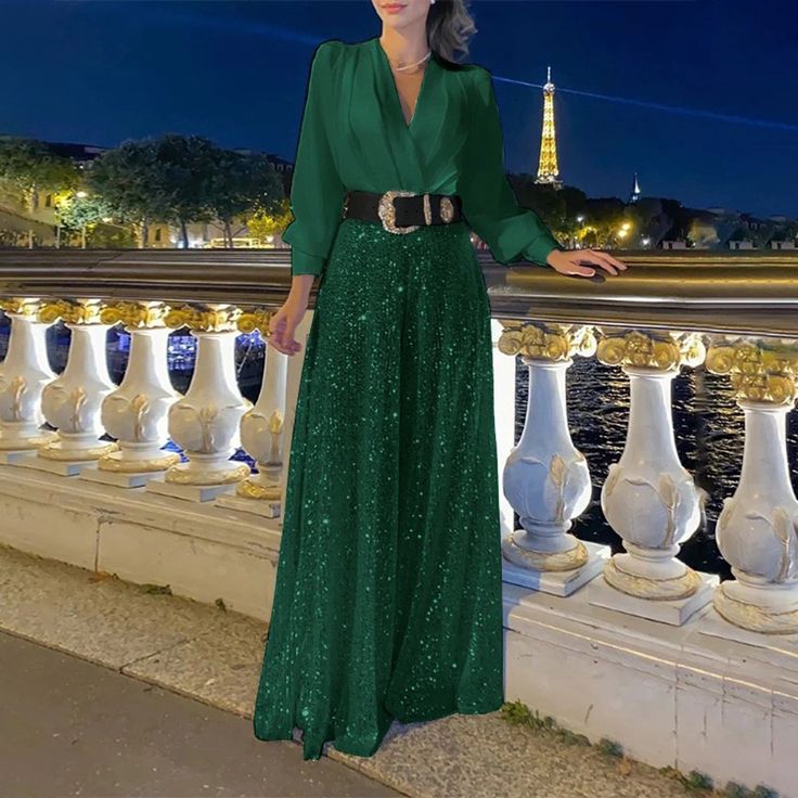 Lasaky - Long-Sleeve Shirt Dress with V-Neck, Waist Cinching Elegance, and Wide-Leg Pants Embellished with Sequins Dresses Luxury, Jumpsuit Fitted, Maxi Dresses For Women, Jumpsuit Pattern, Sequin Maxi Dress, Sequin Maxi, Elegant Chic, Elegant Shirt, Type Of Pants