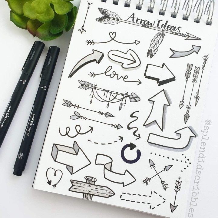 an open notebook with arrows and arrows drawn on it next to two black marker pens