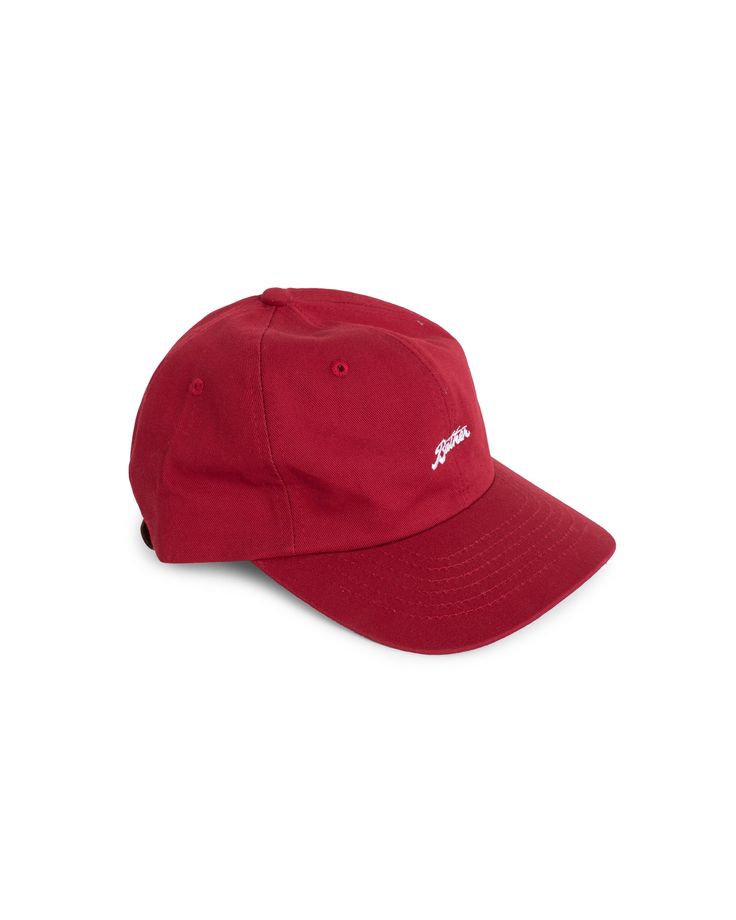 red Bather 6 panel hat with embroidered logo Text Embroidery, 6 Panel Cap, Red Logo, Twill Fabric, Cotton Twill Fabric, Ball Cap, Cotton Twill, Leather Straps, Embroidery