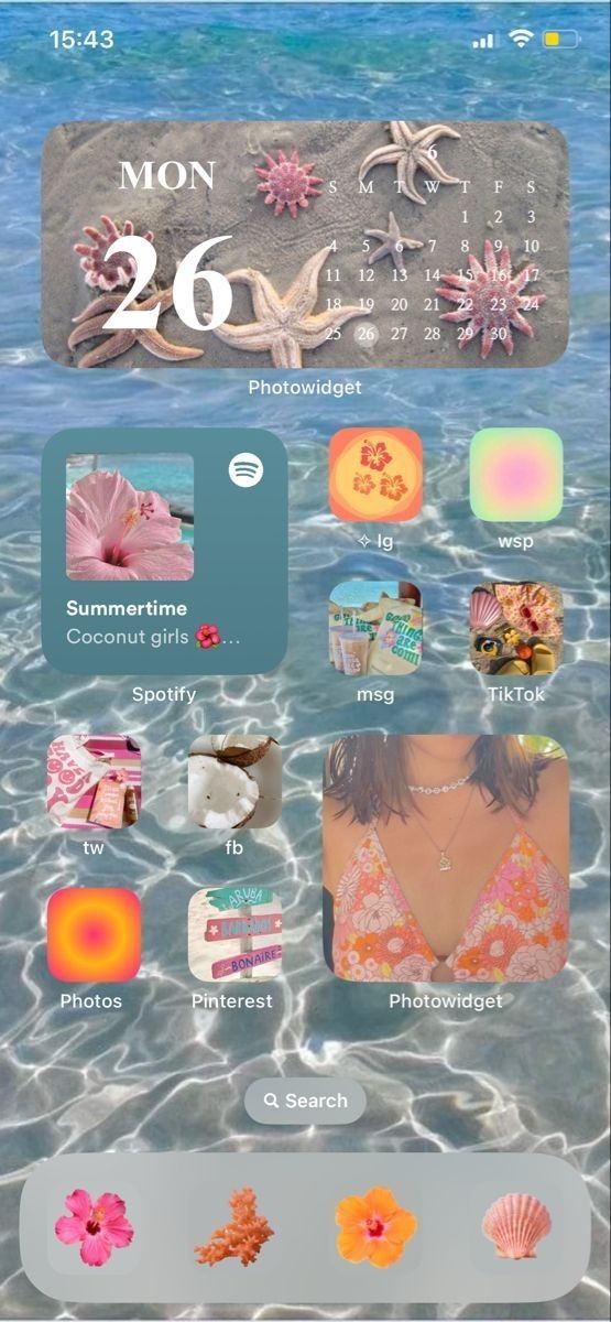 an image of the beach calendar with pictures and icons on it, including shells, flowers, and seashells