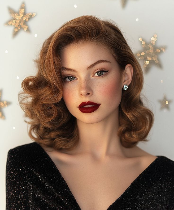 Hair For Christmas Party, Classic Hollywood Hair, Vintage Hair Wedding, Hollywood Glam Curls, Elegant Hairstyles For Medium Hair, Hollywood Hairstyle, 40s Hair, Glam Hairstyle, Old Hollywood Hair