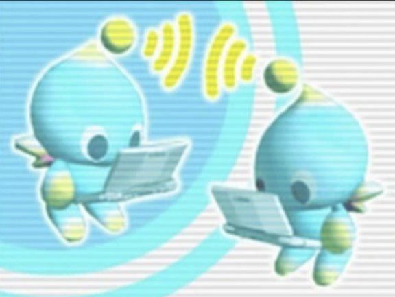 an animated image of two blue birds with laptops in their hands and sound waves coming from them