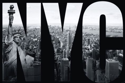 the word nyc written in black and white with an image of the statue of liberty