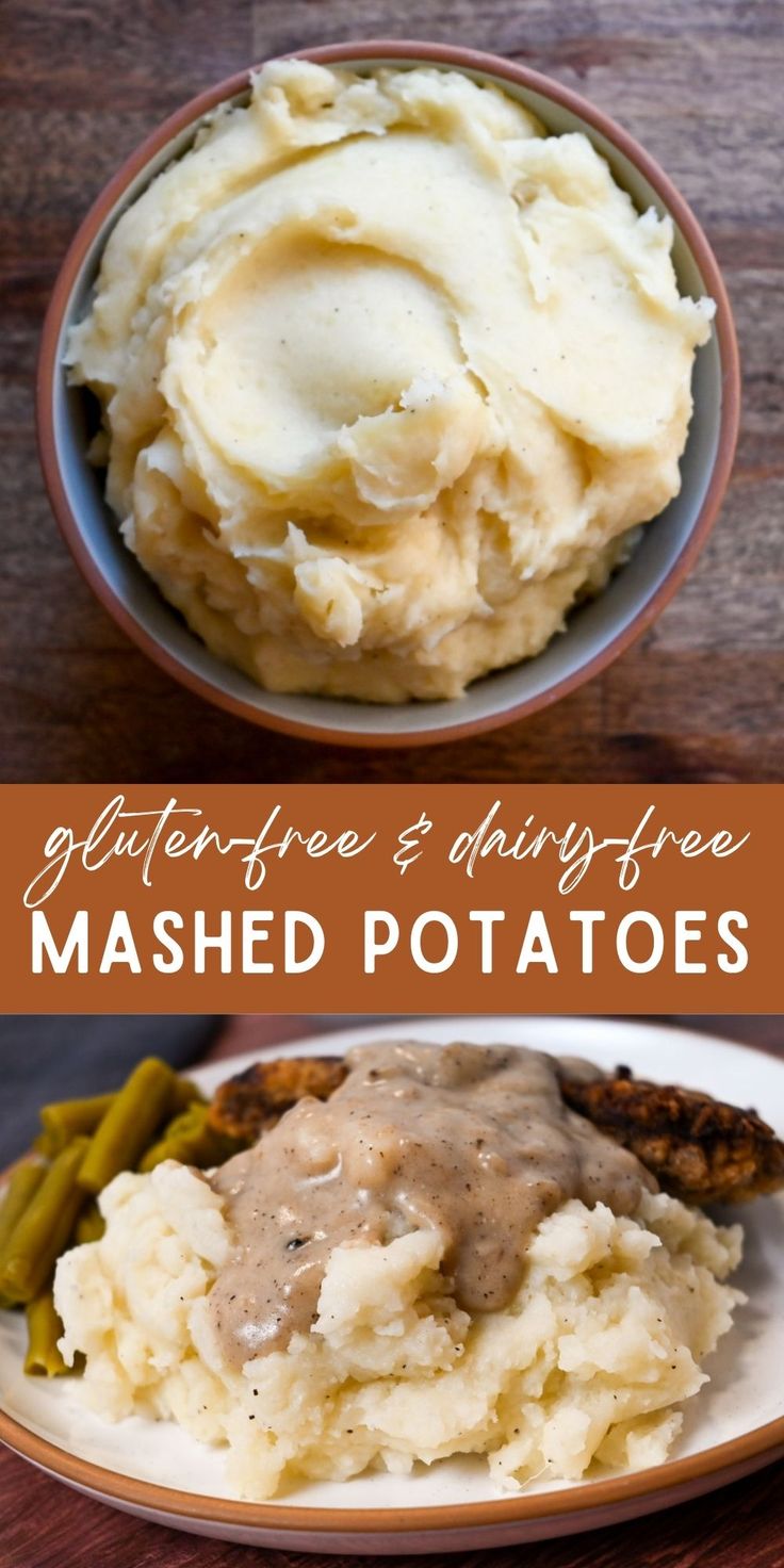 mashed potatoes with gravy and green beans on the side