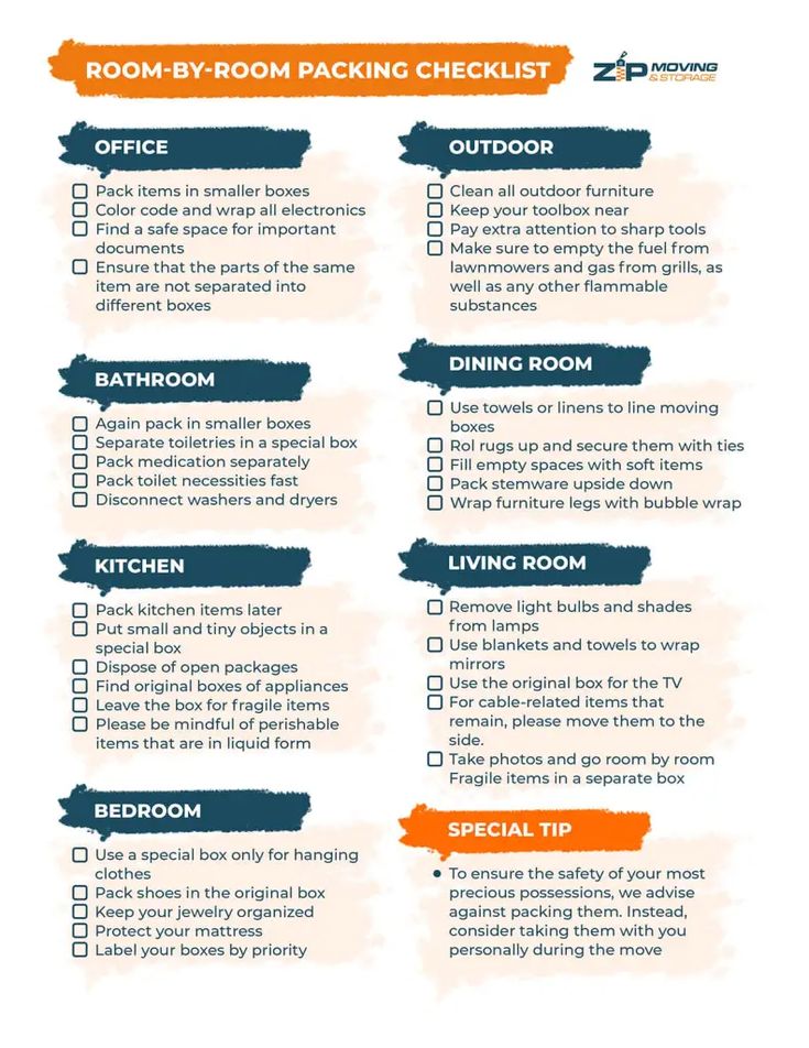 the room - by - room packing checklist is shown in blue and orange colors