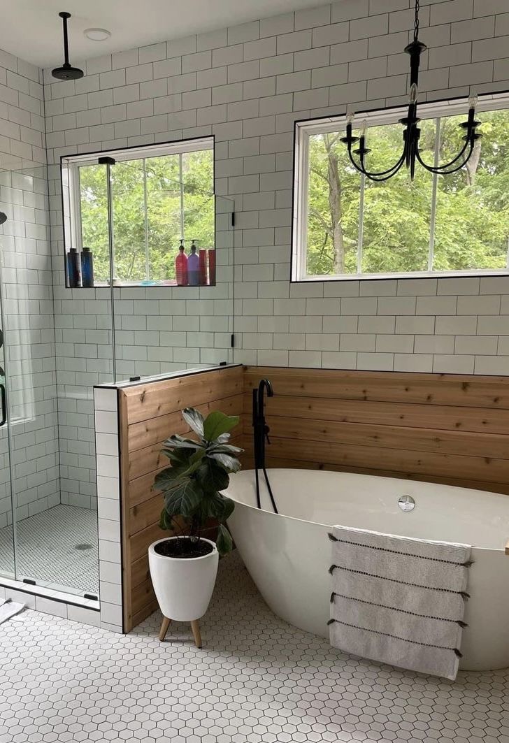 a white bath tub sitting next to a walk in shower under two windows and a potted plant