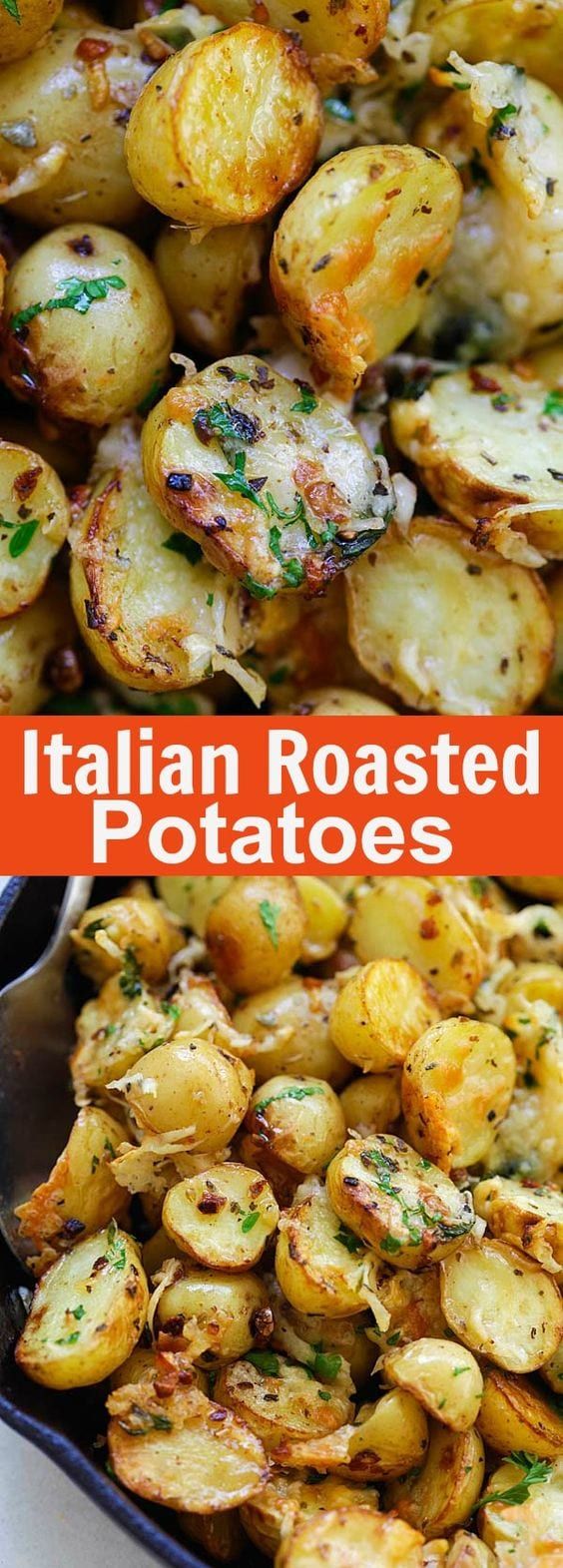 two pictures showing different types of roasted potatoes in the oven and on the grill with text overlay that reads italian roasted potatoes