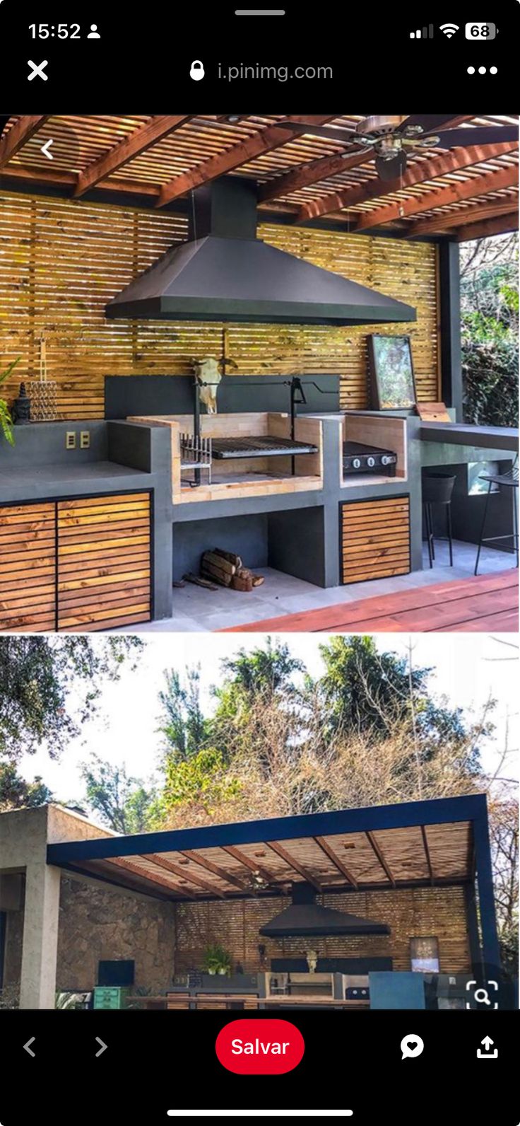 an outdoor kitchen is shown on the left and in the right hand side by side