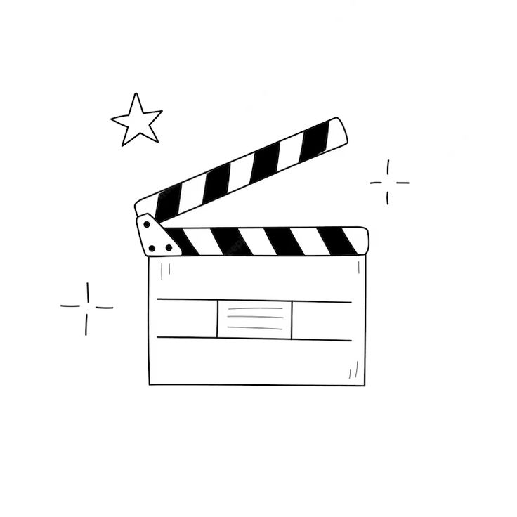 a black and white drawing of a movie clapper with stars on the side,