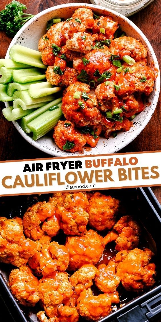 some food that is in a bowl and on a table with the words air fryer buffalo cauliflower bites