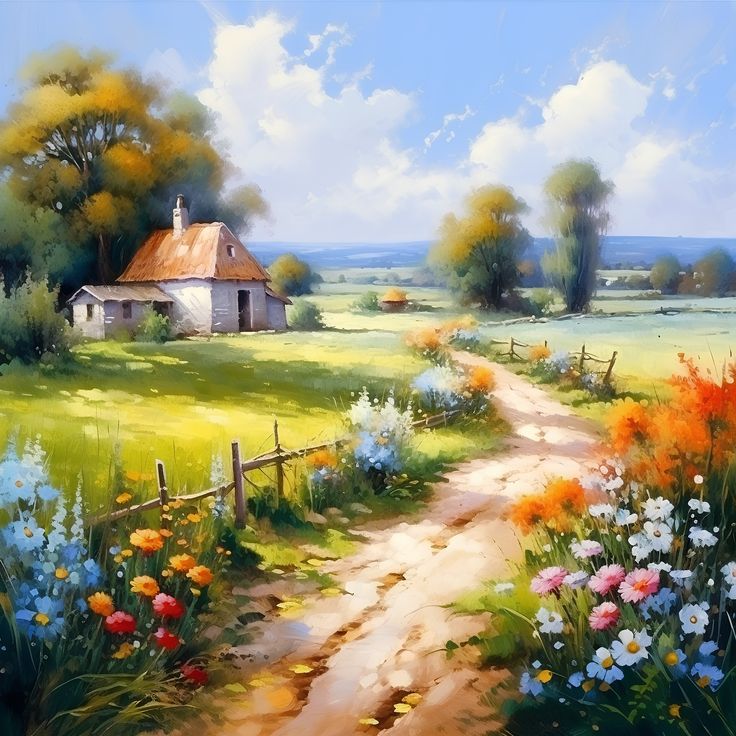 an oil painting of a country road leading to a house with flowers in the foreground