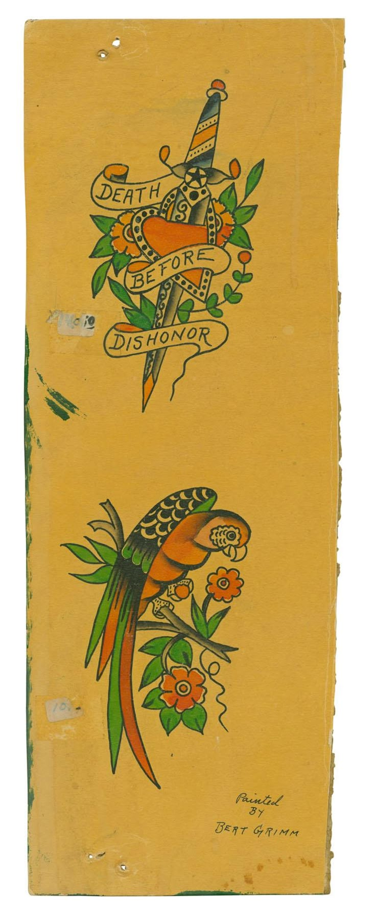 two old school tattoos on yellow paper with green and orange flowers in the center, one is