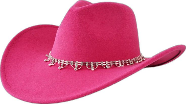 Adjustable Rhinestone Hat Bands For Party, Adjustable Fedora With Rhinestones, Rhinestone Party Hat, Elegant Rhinestone Hats For Festival, Elegant Rhinestone Festival Hats, Party Hat With Rhinestones And Flat Brim, Pink Felt Hat With Curved Brim For Party, Pink Fedora For Party, Spring Party Hats With Rhinestones