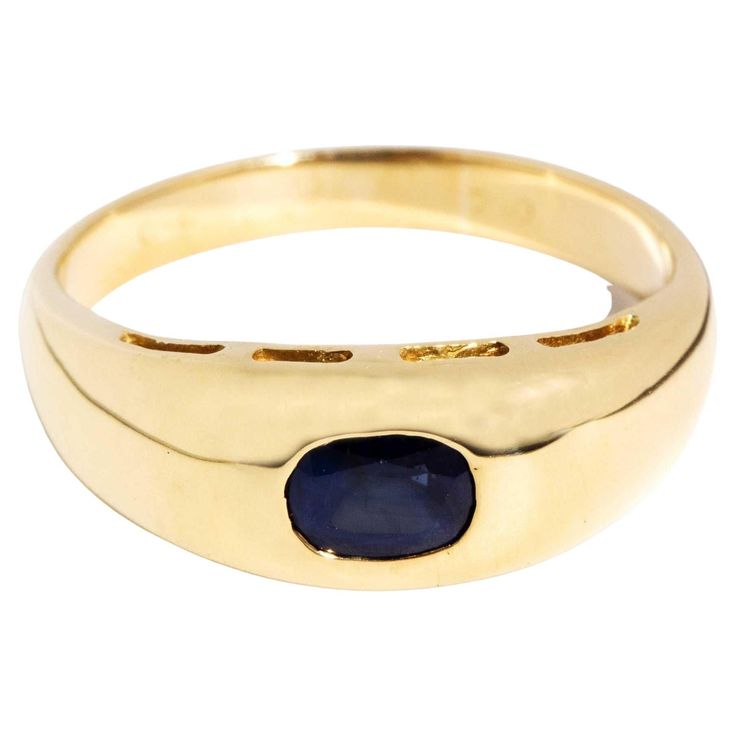 Forged in 9 carat gold, The Nadya Ring is crafted with restraint to allow the deep blue sapphire to shine. Sometimes the simplest of design is the most audacious. The Nadya Ring Gem Details The deep blue oval sapphire is estimated to weigh 0.66 carats. Ring Size Q 1/2 (Australia and UK sizing) or 8 1/2 (US and Canada) The Nadya Ring can be resized prior to shipping upon request. Resizing is complimentary up or down four sizes or please message us for a quote if more sizes are needed. Condition Vintage. Circa 1990s Great to Know The Nadya Ring belongs to our treasure trove of strongly sustainable, ethical, environmentally friendly, and conflict-free jewellery. She lives in our carefully curated collection of one of a kind vintage jewellery pieces. A vintage piece of jewellery has many stori To Shine, Jewelry Rings Engagement, The Deep, Vintage Jewellery, Free Jewelry, Deep Blue, Ring Verlobung, Blue Sapphire, Jewelry Pieces