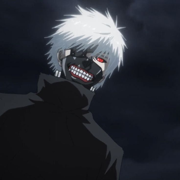 an anime character with white hair and red eyes looks at the camera in front of dark clouds