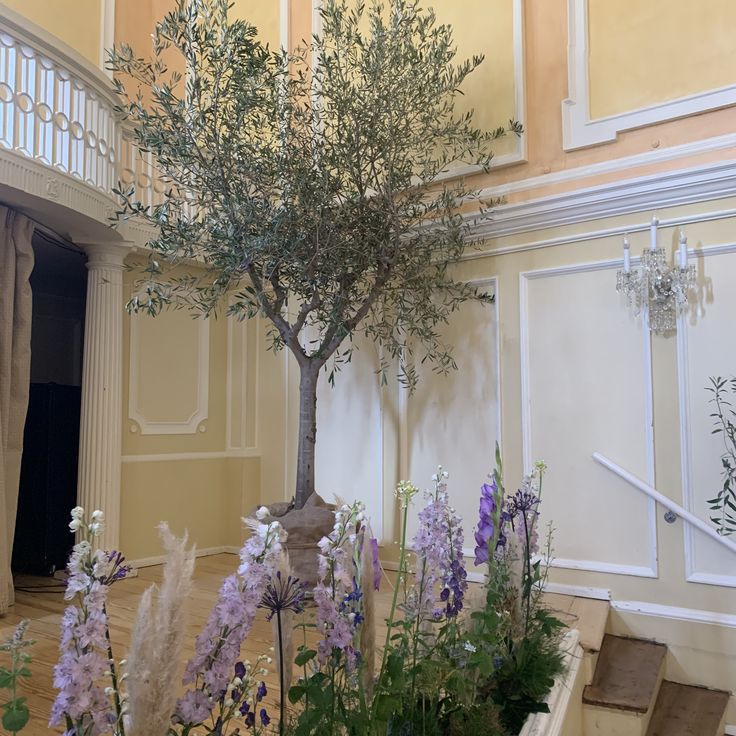 an olive tree is in the middle of a room with stairs and flowers around it