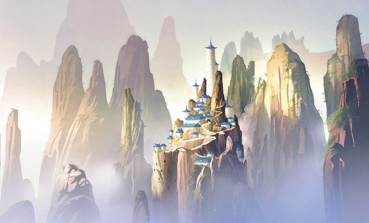 an artistic painting of a mountain town surrounded by rocks and mountains in the foggy sky