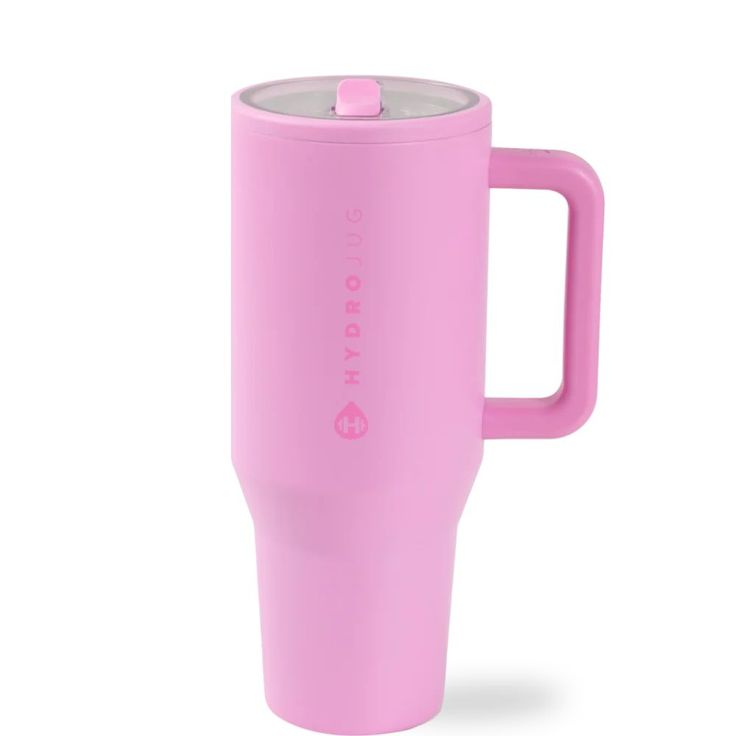 a pink travel mug is shown on a white background