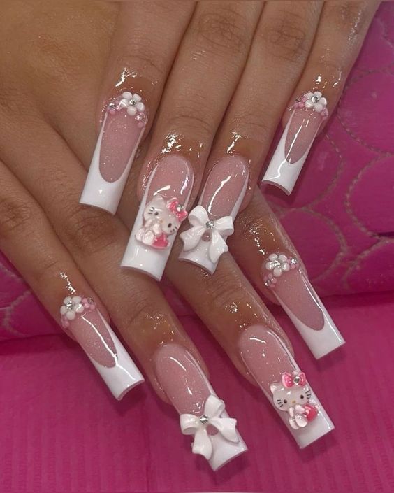 # trendy pink hello kitty nails Paznokcie Hello Kitty, Bow Nail Designs, Hello Kitty Nails Art, Girly Acrylic Nails, Hello Kitty Nails, Really Cute Nails, Acrylic Nails Coffin Pink, Soft Nails, Blue Nail