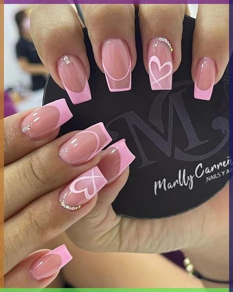 Nails Design For Valentines Day, Love Heart On Nails, Pink Nail Designs With Hearts, Pink Sparkle Birthday Nails, Classic And Elegant Nails, Pink Love Heart Nails, Valentines Nail Ideas Pink, Pink Heart Nail Art, Shades Of Pink For Nails