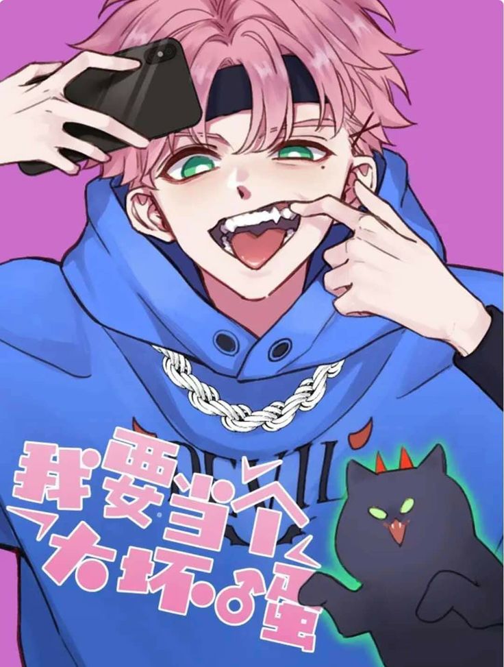 an anime character with pink hair and green eyes holding a cell phone up to his face