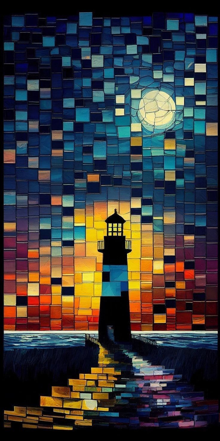 a painting of a lighthouse with the moon in the background