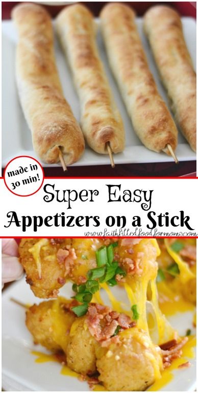 appetizers on a stick with cheese being drizzled over them and the words super easy appetizers on a stick