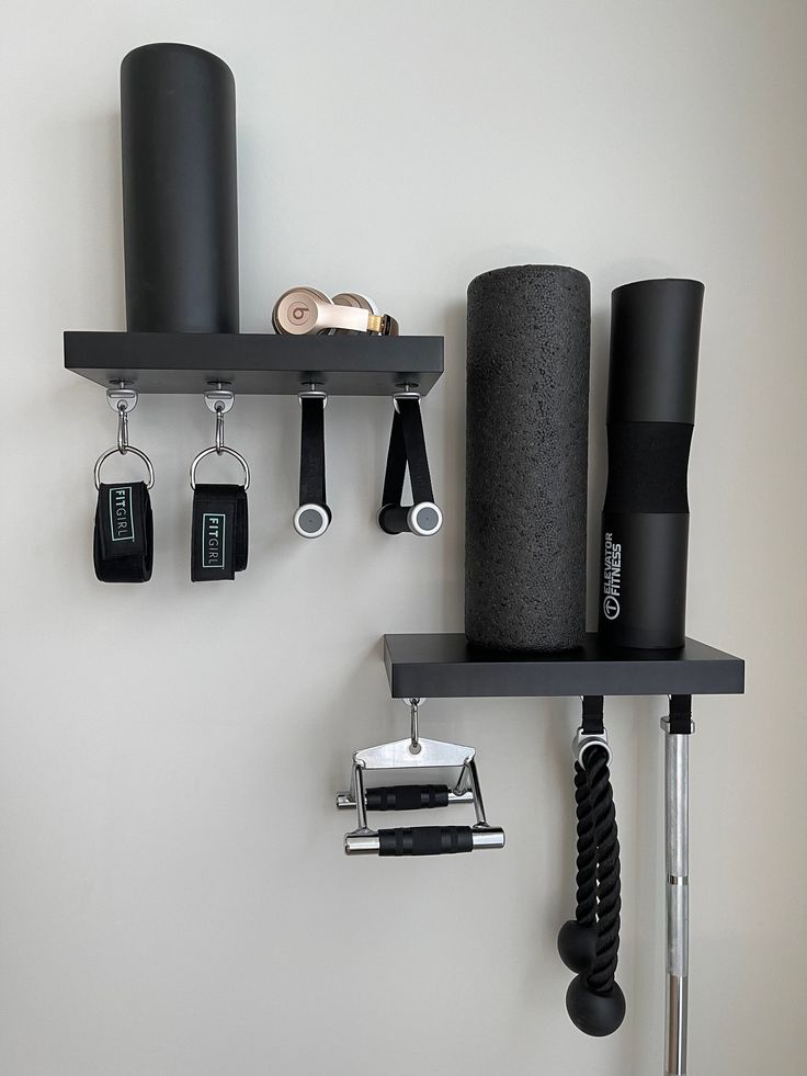 a wall mounted shelf with various items on it