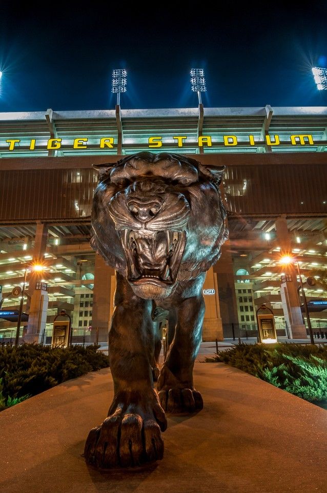 a large statue of a tiger in front of a stadium at night with lights on