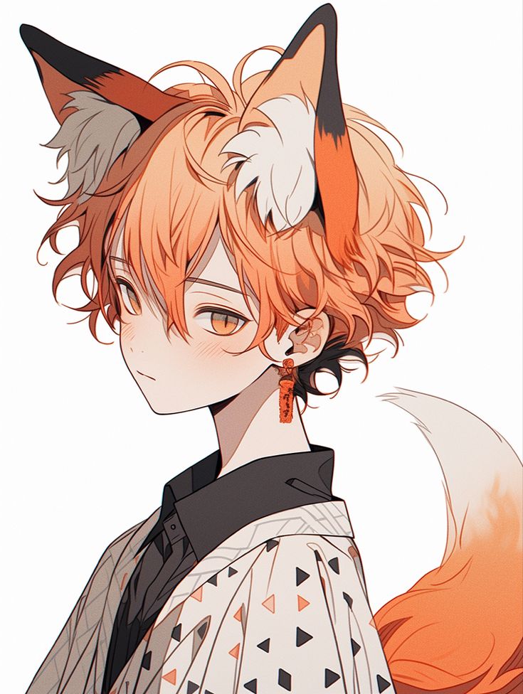 an anime character with orange hair and a cat's tail on his head, looking at the camera