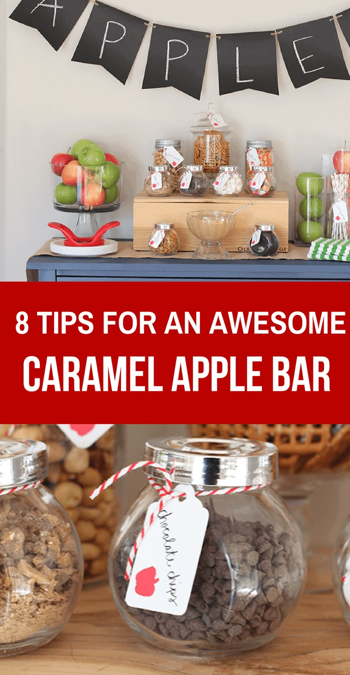 an assortment of homemade caramel apple bars in glass jars on a table with red ribbon