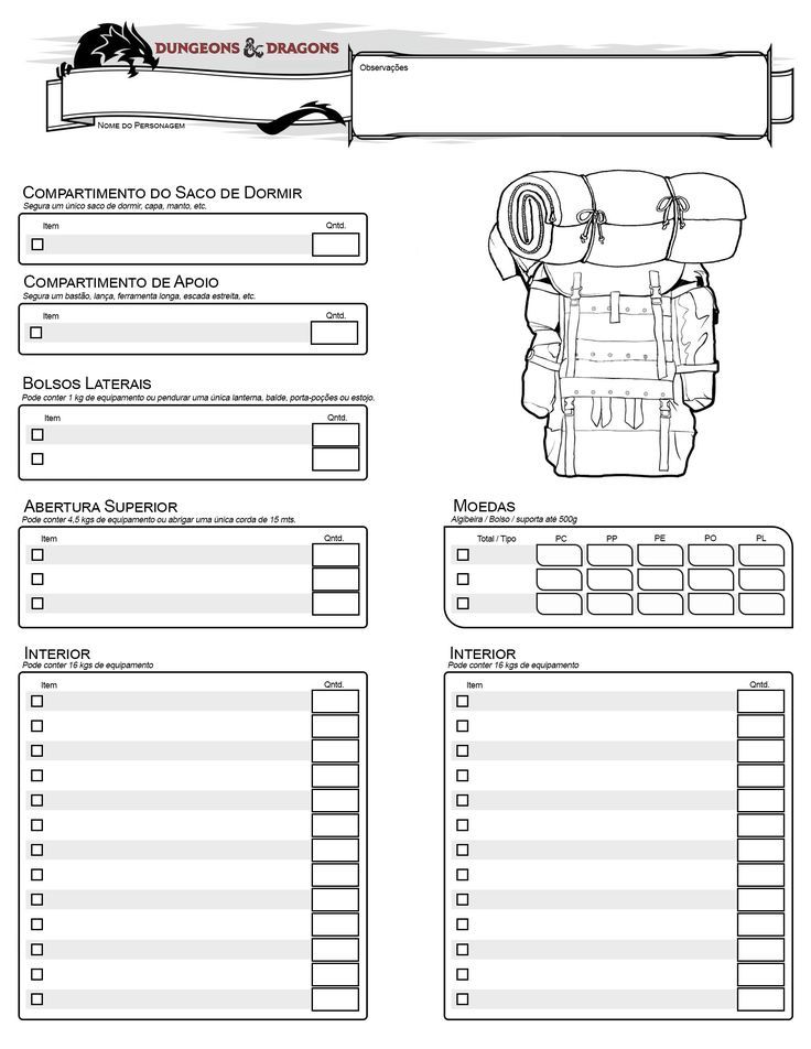 Ficha de Equipamento / Bag Sheet Dnd Tiles, Dnd Diy, Dnd Character Sheet, Dnd Crafts, Character Template, Rpg Map, Character Base, D&d Dungeons And Dragons, Dungeons And Dragons Homebrew