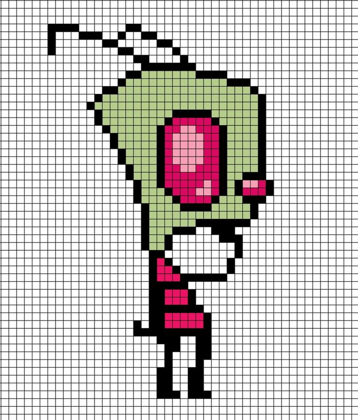 A pixel art template of the cartoon character Zim from Invader Zim stood thinking. Perler Bead Patterns Invader Zim, Invader Zim Alpha Pattern, Invader Zim Pixel Art Grid, Crochet Invader Zim, Invader Zim Perler Bead Patterns, Gir Pixel Art Invader Zim, Invader Zim Perler Beads, Invader Zim Pixel Art, Small Pixel Art Grid