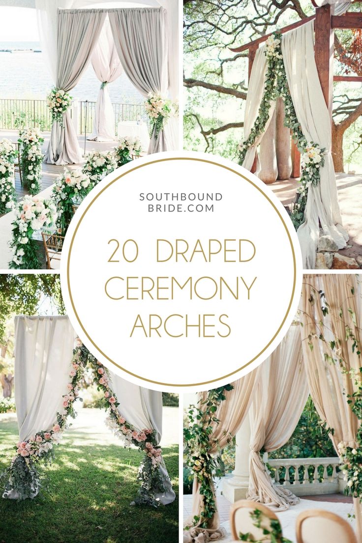 an outdoor ceremony with white drapes and greenery on the arbors, pink flowers in