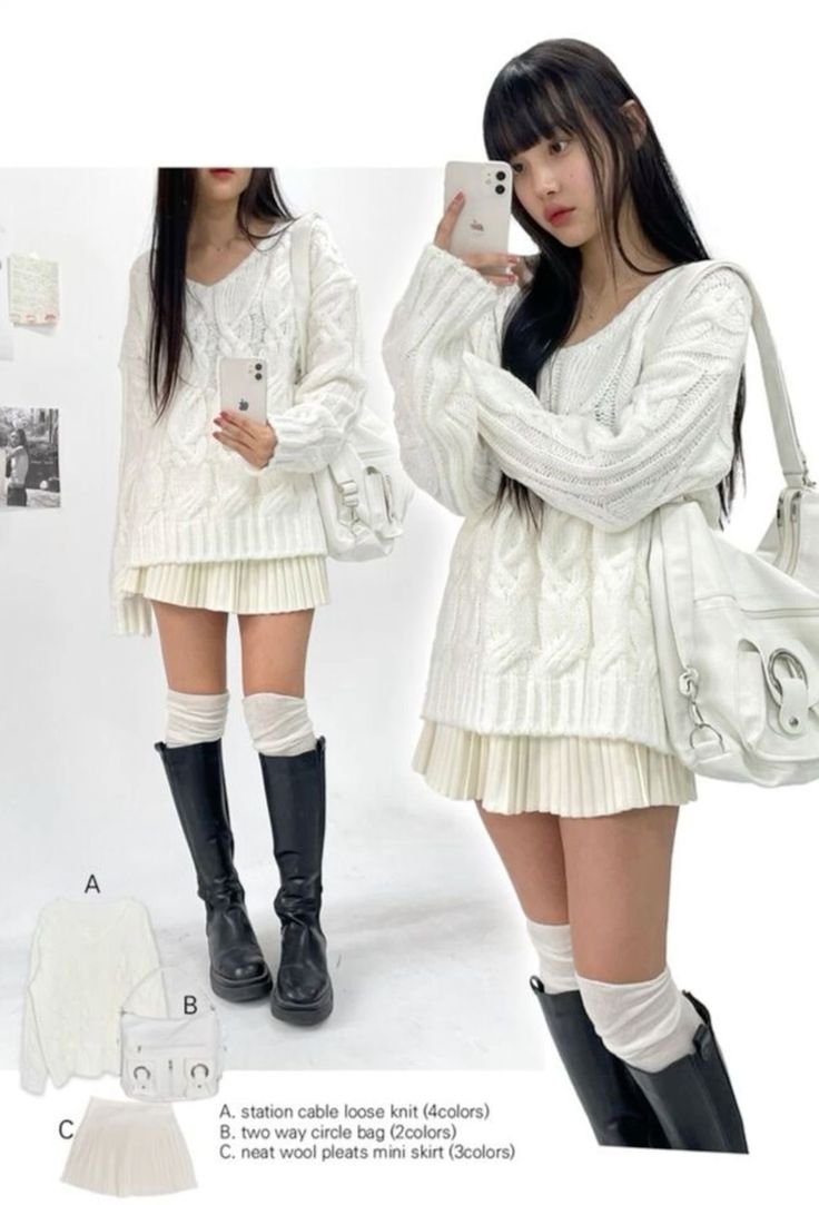 Acubi Skirt Outfit, Gyaru Winter Outfits, Japanese Skirt Outfits, Acubi Winter Outfit, Shoujo Aesthetic Outfits, White Y2k Outfit, Shoujo Girl Outfit, Acubi Winter, Kawaii Winter Outfits