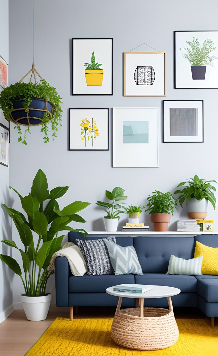 a living room filled with lots of plants and pictures on the wall above it's couch